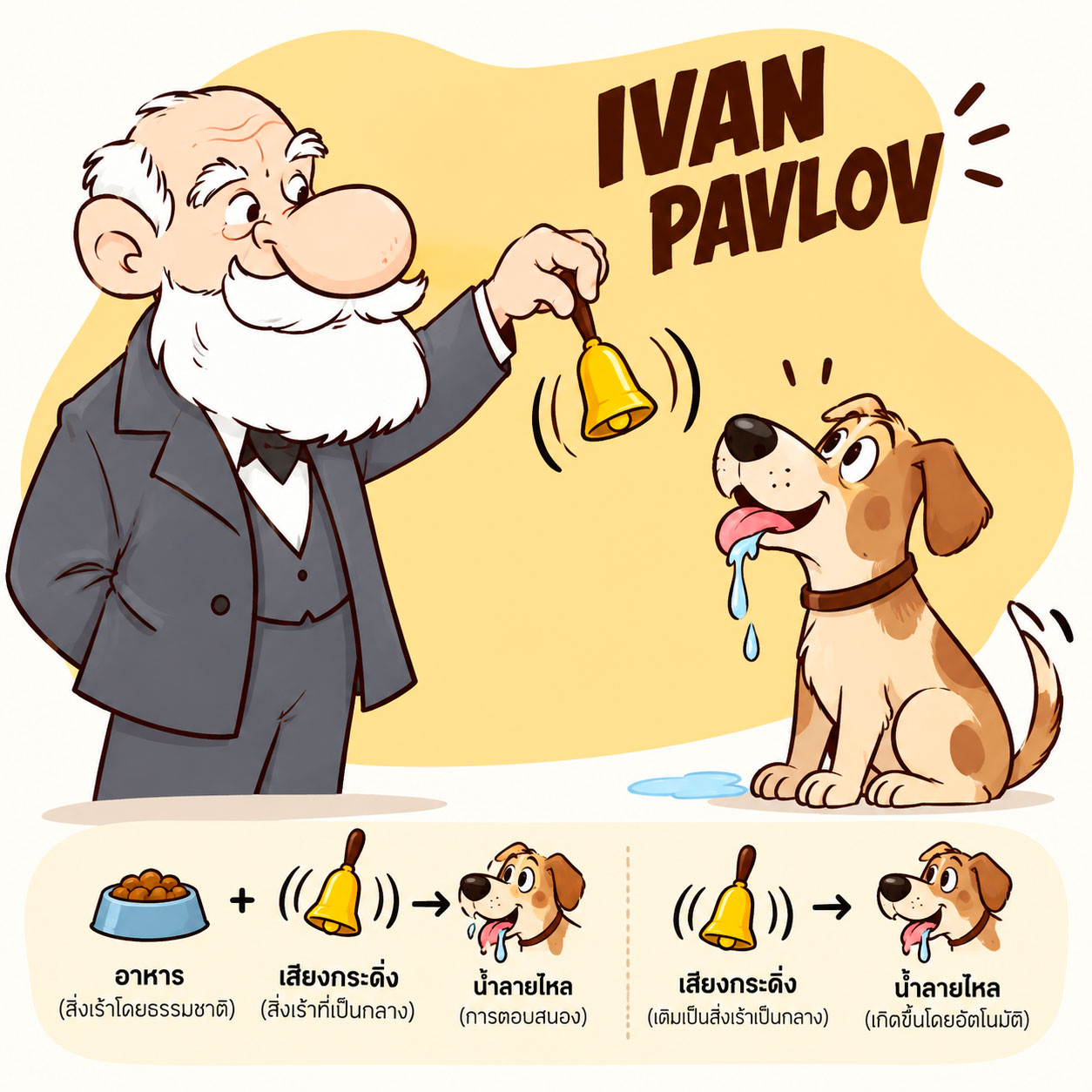 การ์ตูน Ivan Pavlov สั่นกระดิ่งกับสุนัขที่น้ำลายไหล พร้อมแผนภาพ อาหารบวกเสียงกระดิ่ง สู่การน้ำลายไหล อธิบายการวางเงื่อนไขแบบคลาสสิก (classical conditioning)